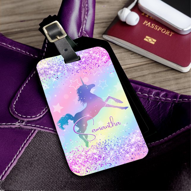 Cute unicorn rosa Glitter rainbow art monogram Bagagebricka (Skapare uppladdad)