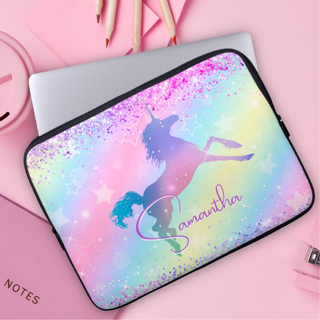 Cute unicorn rosa Glitter rainbow art monogram ej Laptop Fodral (Skapare uppladdad)