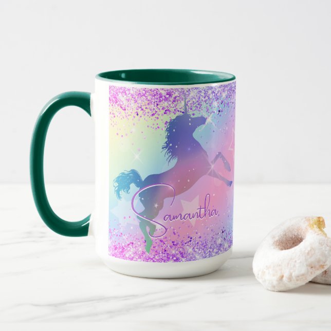 Cute unicorn rosa Glitter rainbow art monogram ej Mugg (Med munk)