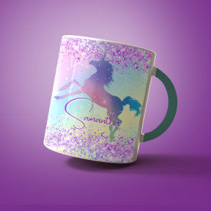 Cute unicorn rosa Glitter rainbow art monogram ej Mugg