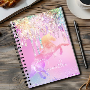 Cute Unicorn rosa Glitter rainbow Drives monogram Anteckningsbok