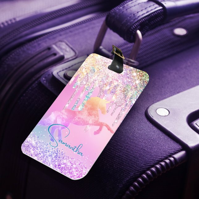 Cute Unicorn rosa Glitter rainbow Drives monogram Bagagebricka (Skapare uppladdad)