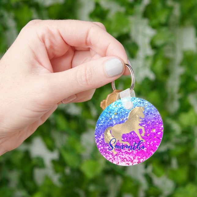 Cute unicorn rosa Glitter rainbow guld monogram Nyckelring (Hand)