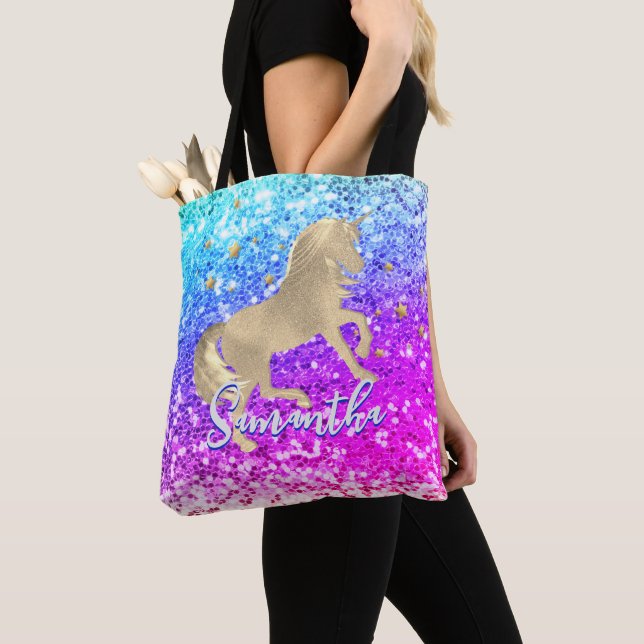 Cute unicorn rosa Glitter rainbow guld monogram Tygkasse (Närbild)