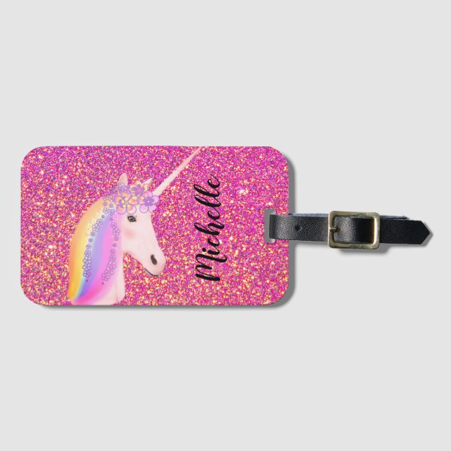 Cute Unicorn Rosa Glitter Sparkles Personlig Bagagebricka (Framsida horisontal)