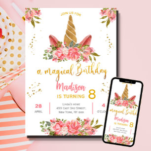 Cute Unicorn Rosa Guld vattenfärgsfärgad Födelseda Inbjudningar