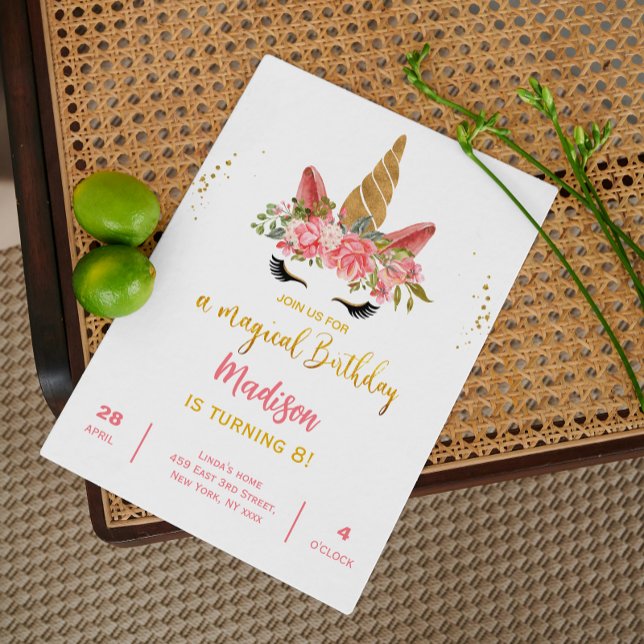 Cute Unicorn Rosa Guld vattenfärgsfärgad Födelseda Inbjudningar (Cute Unicorn Pink Gold watercolor Birthday Party Invitation)