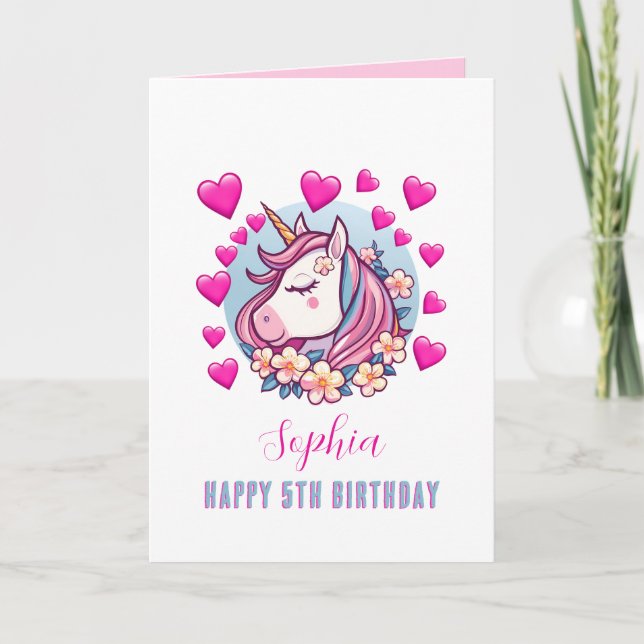 Cute Unicorn, Rosa Hearts, Namn, alla åldrar Kort (Framsida)