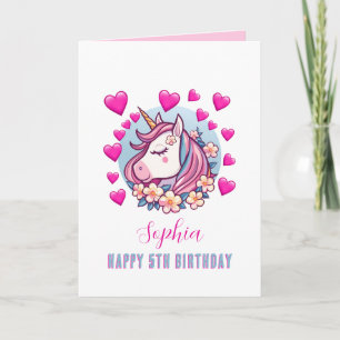 Cute Unicorn, Rosa Hearts, Namn, alla åldrar Kort