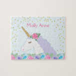 Cute Unicorn Rosa & Lila Blommigt Guld Dots Namn Pussel<br><div class="desc">Den här designen har vårt söta enmajshuvud i rosa, guld glitter, lila och blått. Klicka på knappen Anpassa om du vill flytta/ bilder och ändra texten ytterligare! Det finns variationer i denna utformning, ytterligare färg och samordnade produkter i vår butik, zazzle.com/store/doodlelulu. Kontakta oss om du behöver den här designen för...</div>