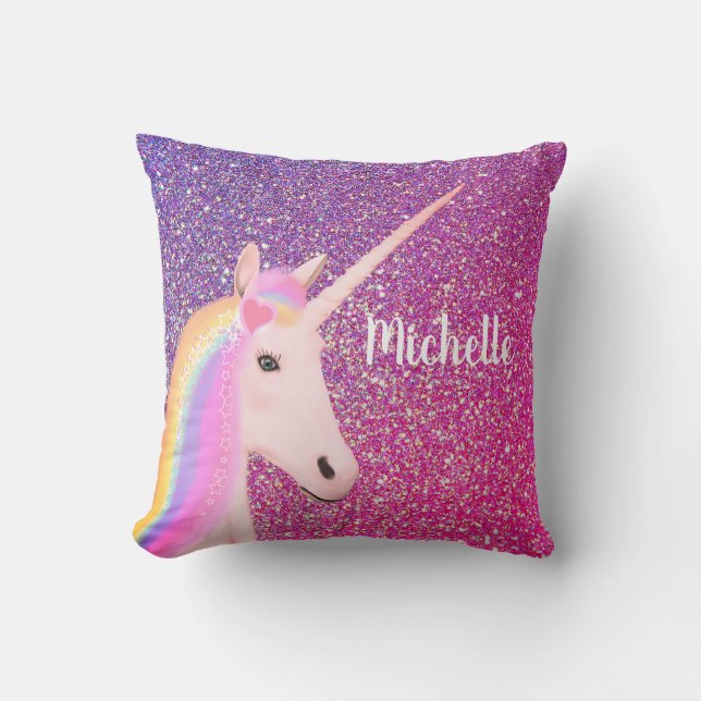Cute Unicorn Rosa Lila Glitter Ombre Gnistra Kudde (Framsida)