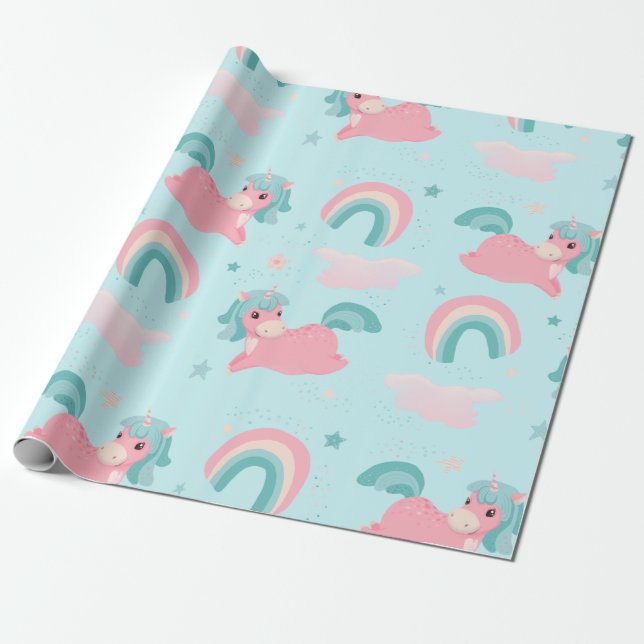 Cute Unicorn Rosa och Mint Mönster Wrappin Presentpapper (Utrullad)