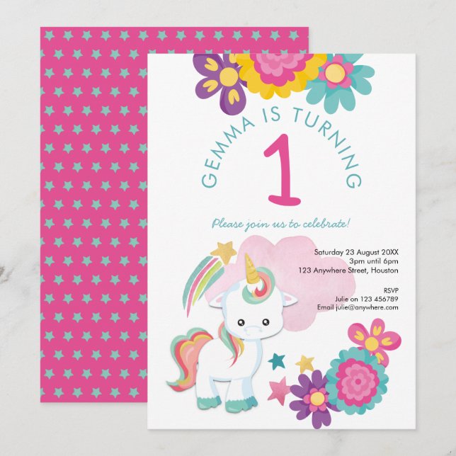 Cute Unicorn Rosa Teal Girl 1st Birthday Party Inbjudningar (Fram/baksida)