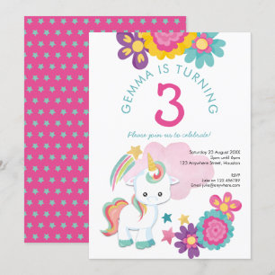 Cute Unicorn Rosa Teal Girl 3rd Birday Party Inbjudningar