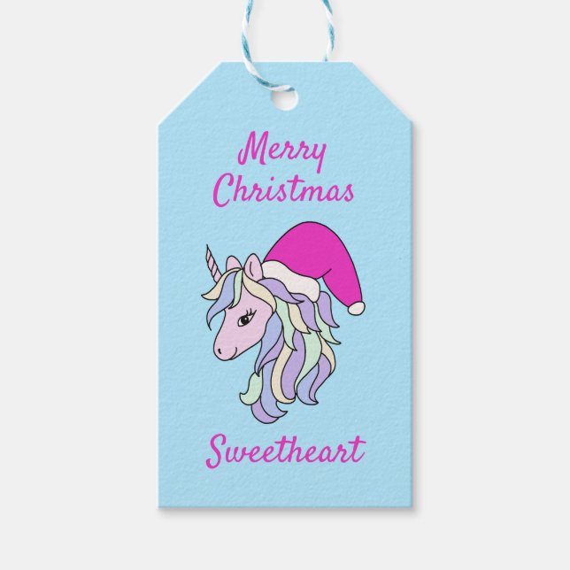 Cute Unicorn Santa Girls Rosa jul Presentetikett (Framsidan)