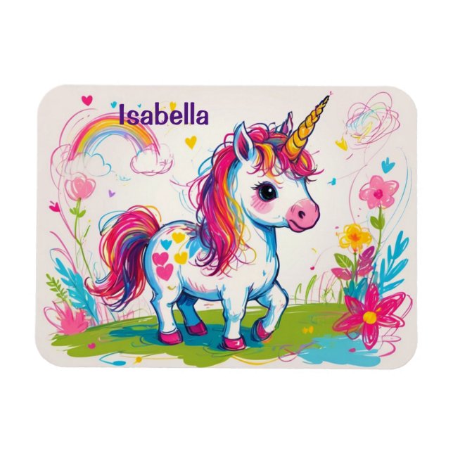 Cute Unicorn Scribbles med Namn Kids Magnet (Horisontell)