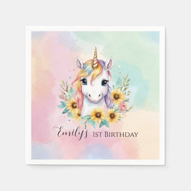 Cute Unicorn Solros 1:a födelsedagen Pappersservett (Framsidan)