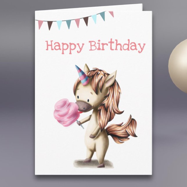Cute Unicorn som äter rosa bomullskandy-födelsedag Kort (Skapare uppladdad)