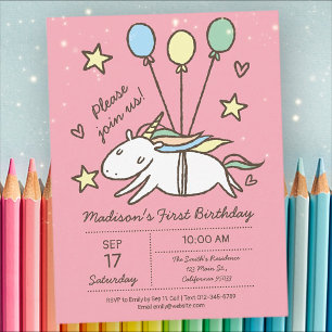 Cute Unicorn som flyger på Ballongers födelsedag Vykort