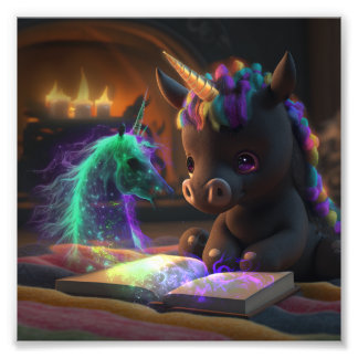 Cute Unicorn som läser bok T-Shirt Fototryck