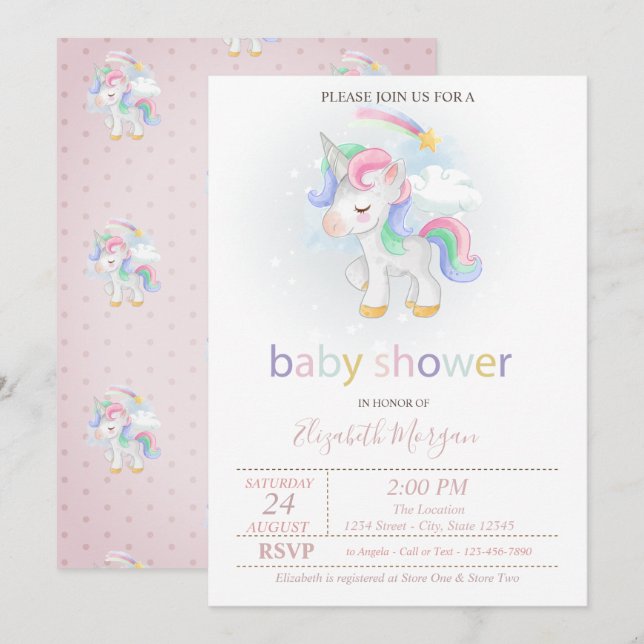 Cute Unicorn Star Rainbow Baby Shower Inbjudningar (Fram/baksida)