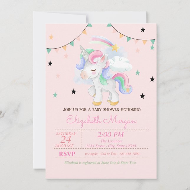 Cute Unicorn, Stars Baby Shower-inbjudan Inbjudningar (Framsida)