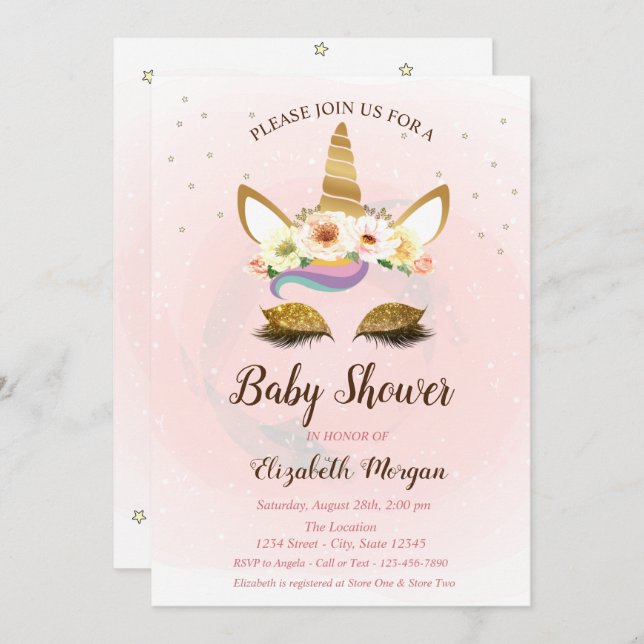 Cute Unicorn, Stars Baby Shower-inbjudan Inbjudningar (Fram/baksida)