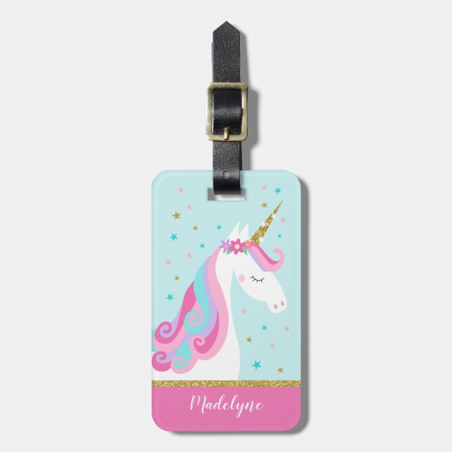Cute Unicorn Stars Glitter Aqua Bagagebricka (Vertikal Framsida)