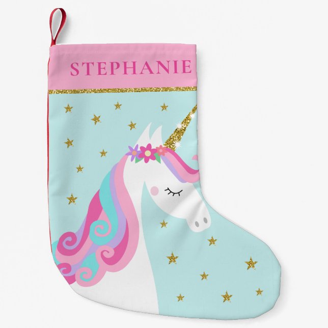 Cute Unicorn Stars Glitter Aqua Liten Julstrumpa (Framsidan)