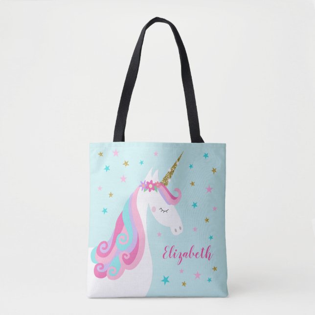 Cute Unicorn Stars Glitter Aqua Tygkasse (Framsida)