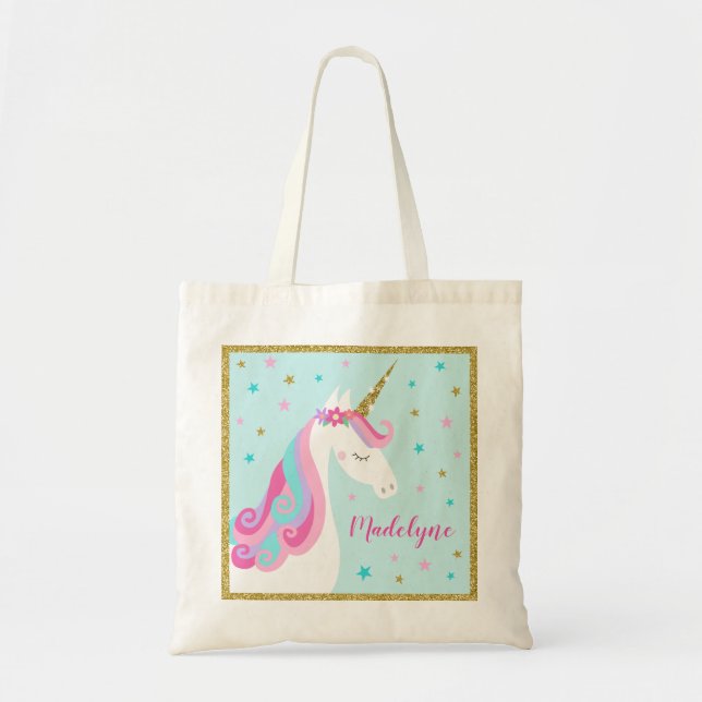 Cute Unicorn Stars Glitter Aqua Tygkasse (Framsidan)