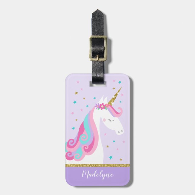 Cute Unicorn Stars Glitter Lila Bagagebricka (Vertikal Framsida)