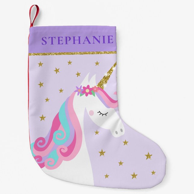 Cute Unicorn Stars Glitter Lila Liten Julstrumpa (Framsidan)