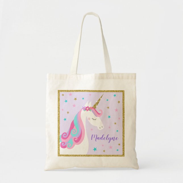 Cute Unicorn Stars Glitter Lila Tygkasse (Framsidan)
