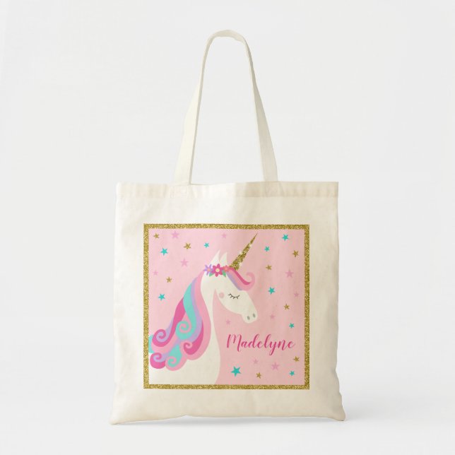 Cute Unicorn Stars Glitter Rosa Tygkasse (Framsidan)