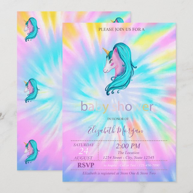 Cute Unicorn Stars Tie Dye Baby Shower Inbjudningar (Fram/baksida)