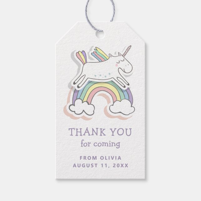 Cute Unicorn. Tack för regnbågsfödelsedag i flicka Presentetikett (Framsidan)