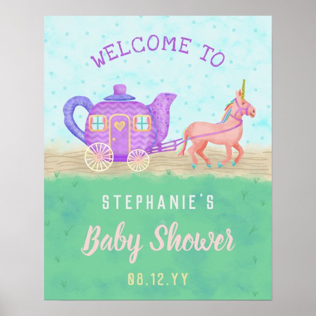 Cute Unicorn Tea Party Baby Shower Chariot Poster (Framsidan)