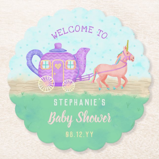 Cute Unicorn Tea Party Baby Shower Chariot Underlägg Papper (Framsida)