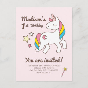 Cute Unicorn Trollspö & Stars Birthday bjudande Inbjudan Vykort