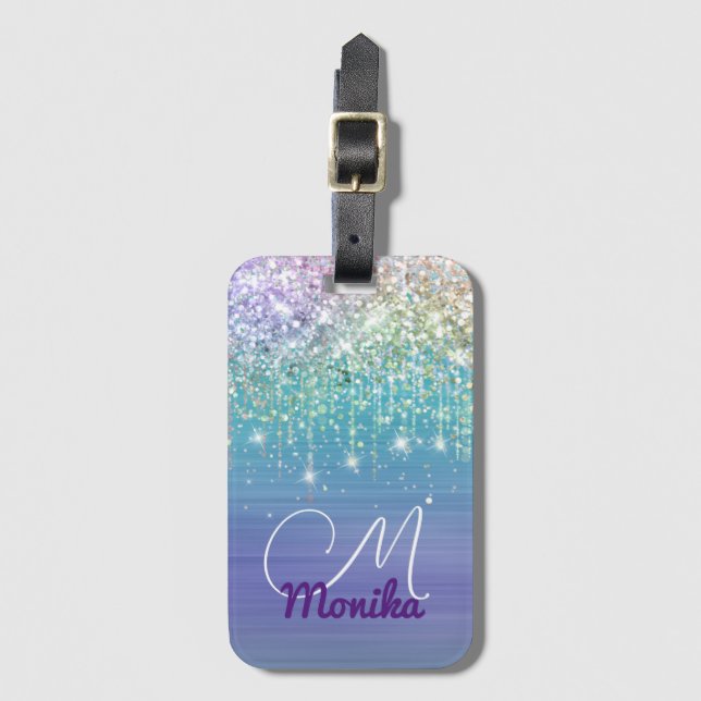 Cute Unicorn Turcos Lila glitter Faux Glitter Bagagebricka (Framsida vertikal)