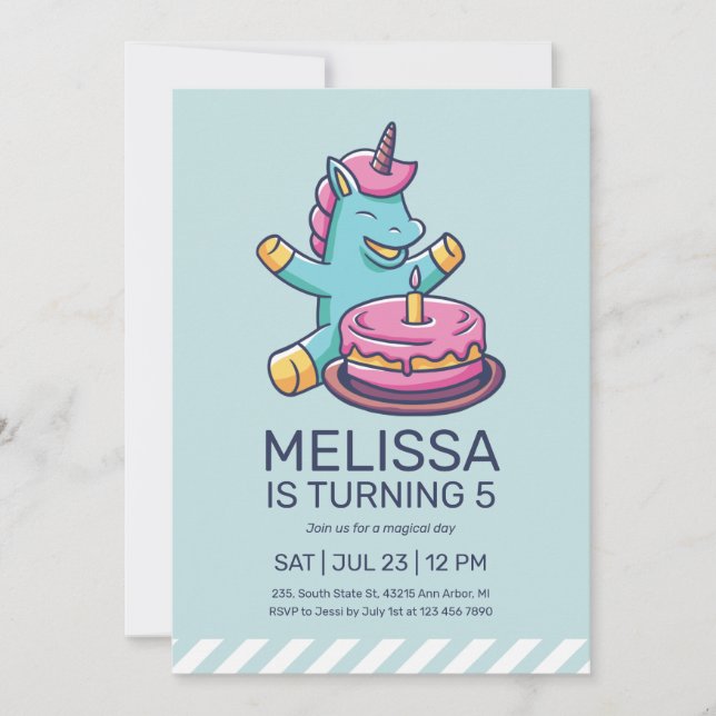 Cute Unicorn Turving One Cake Birthday Inbjudningar (Framsida)