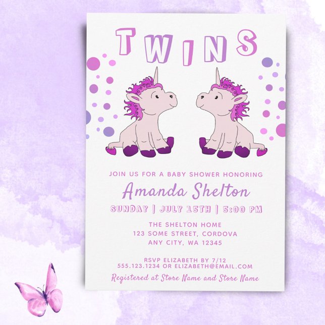 Cute Unicorn Twillingars 2 Flicka Baby Shower Inbjudningar (Skapare uppladdad)