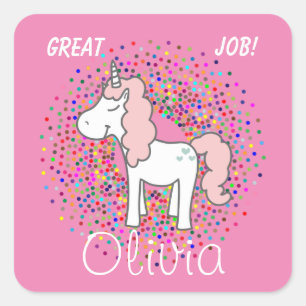 Cute Unicorn Underbar Job! [Lägg till barnets Namn Fyrkantigt Klistermärke