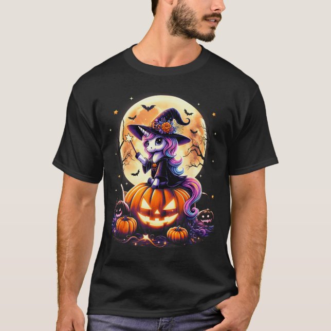 Cute Unicorn Witch Pumpkin Halloween Shirts Girls  T Shirt (Framsida)