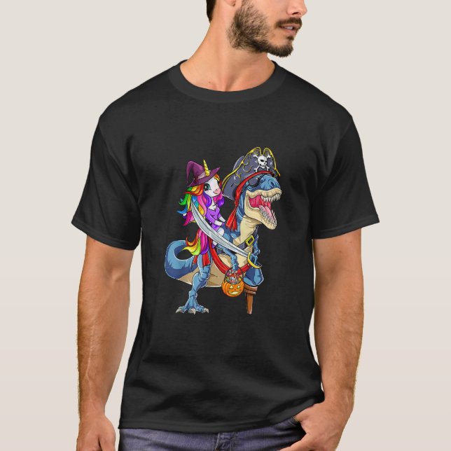 Cute Unicorn Witch Riding Dinosaur Pumpkin Hallowe T Shirt (Framsida)