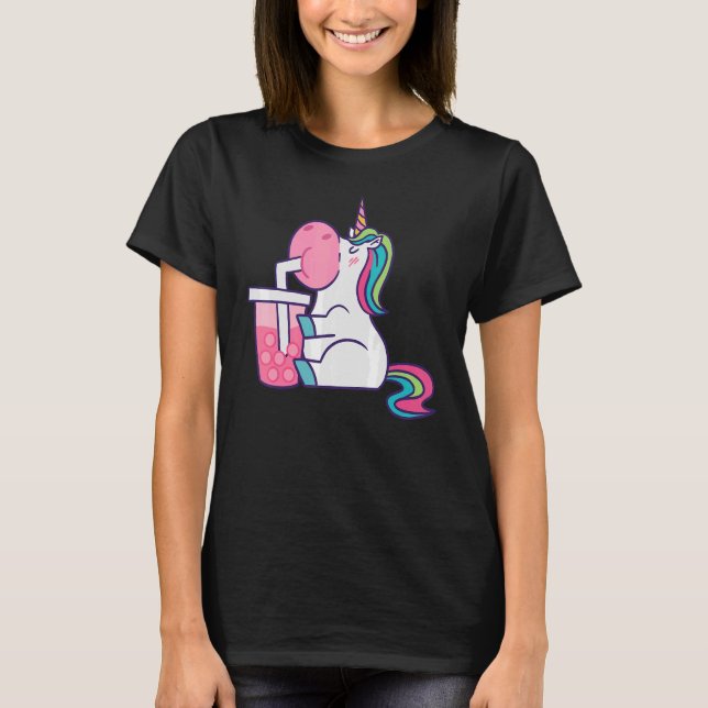 Cute Unicorn with Boba Bubble Mjölk Tea T Shirt (Framsida)