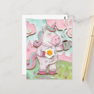 Cute Unicorn with coffee and Egg Vykort