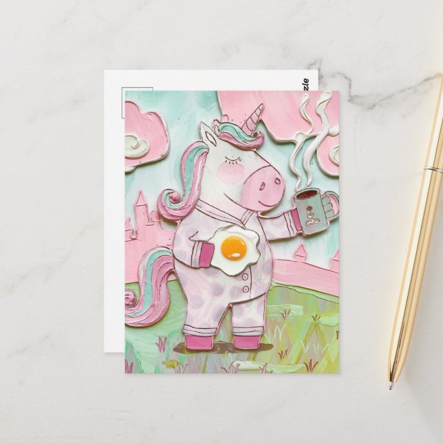 Cute Unicorn with coffee and Egg Vykort (Fram/Back In Situ)