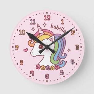 Cute Unicorn with Rainbow Mane Girls Room Decor Rund Klocka